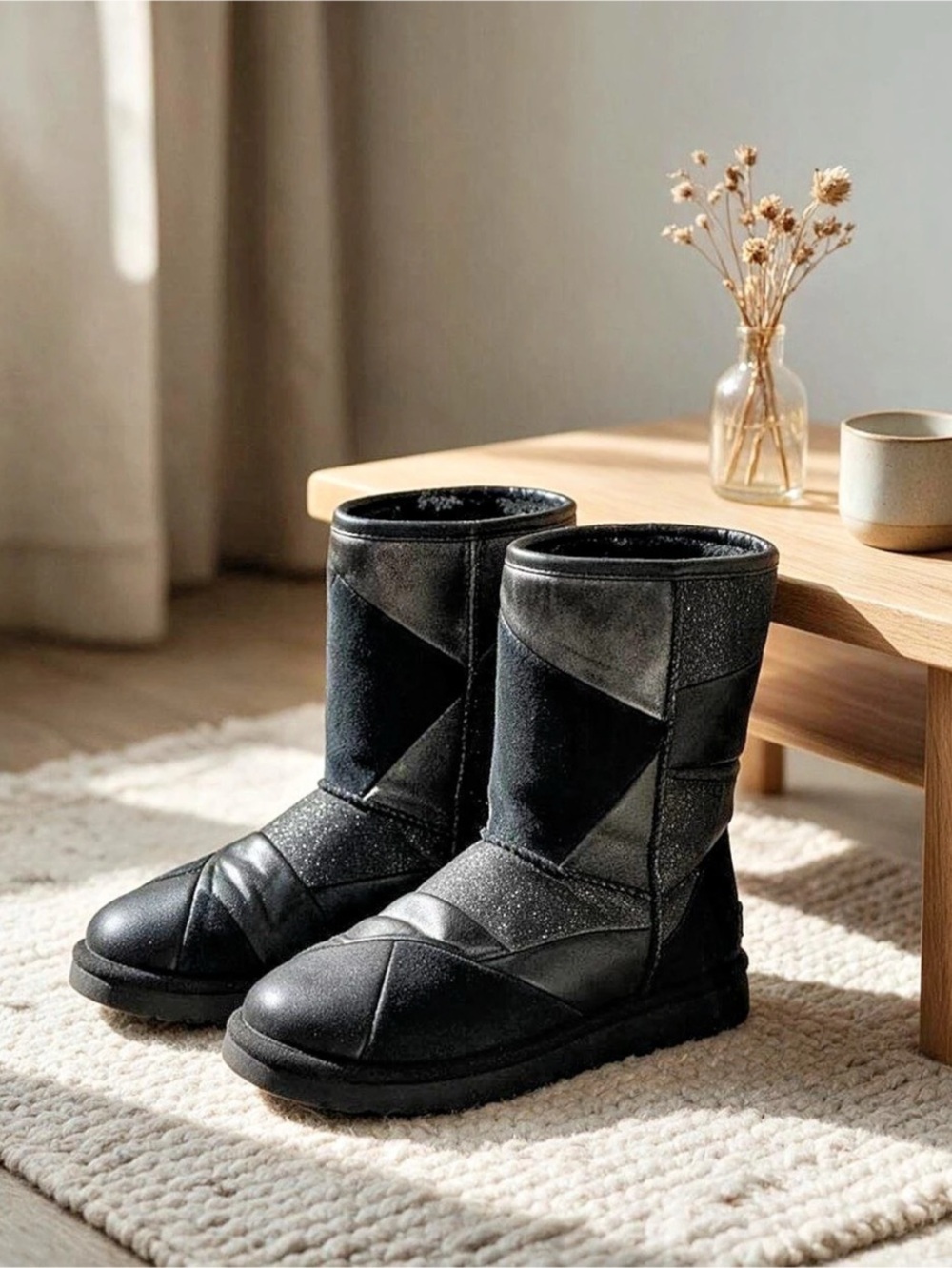 UGG Classic Short Black Glitter Patchwork Suede Leather Boots Size 8 GUC - Picture 16 of 16